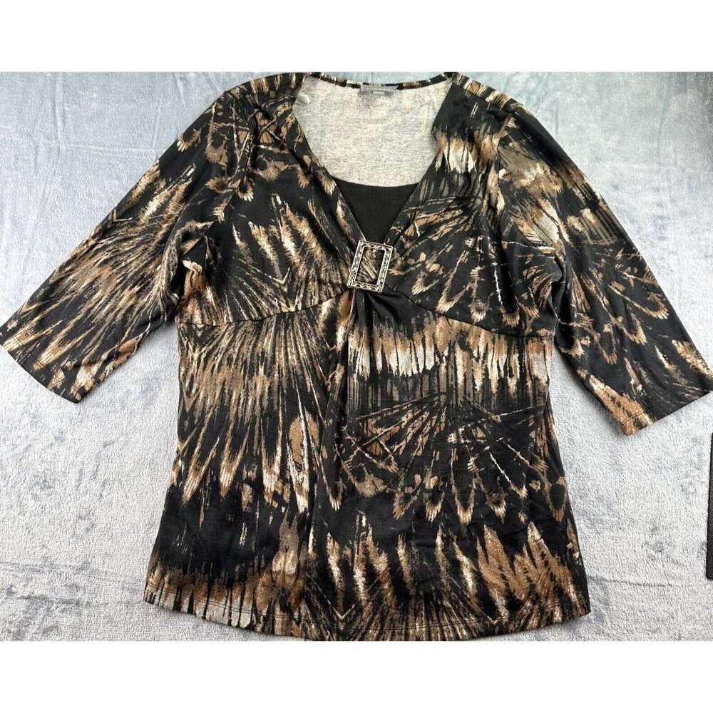 ESSENTIALS Twist Buckle Blouse Sz 1X Black/Brown V-Neck 3/4 Sleeve Rhinestones‎